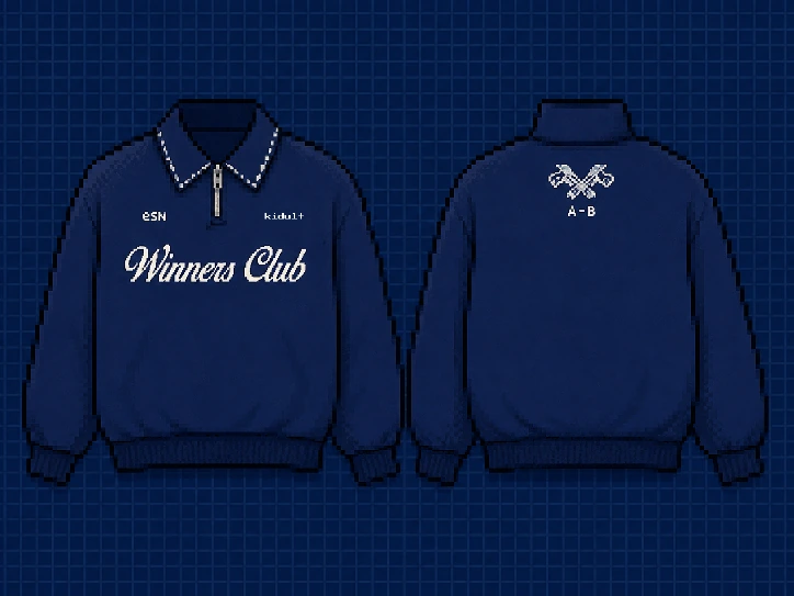 Navy collared half-zip with Winners Club script, front and back