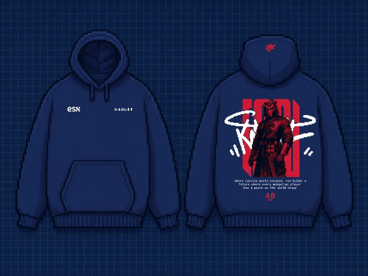 Navy hoodie, front and back — back carries the red Kidult character print