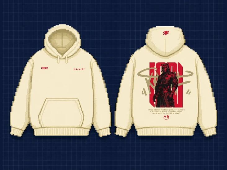 Cream hoodie, front and back — back carries the red Kidult character print