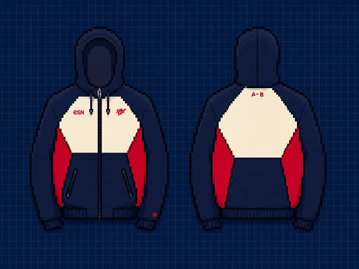 Navy, cream and red colour-blocked hooded windbreaker, front and back